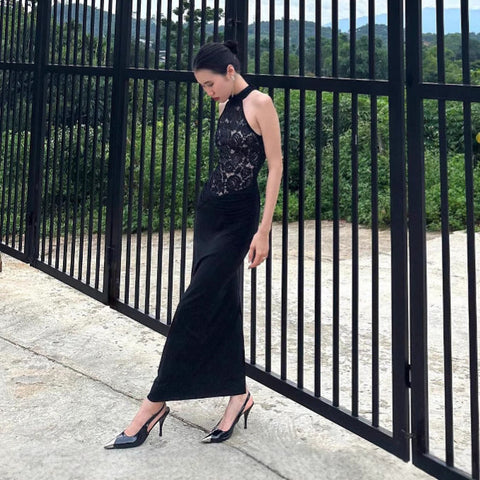 Sheer Lace Halter Backless Black Prom Dress