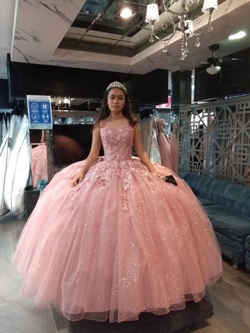 Robe de bal en tulle rose pailleté avec appliques, robe de Sweet 16, robe de Quinceañera rose 750 £