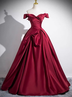 Robe de bal élégante en satin bordeaux plissé, coupe trapèze, référence Y7661