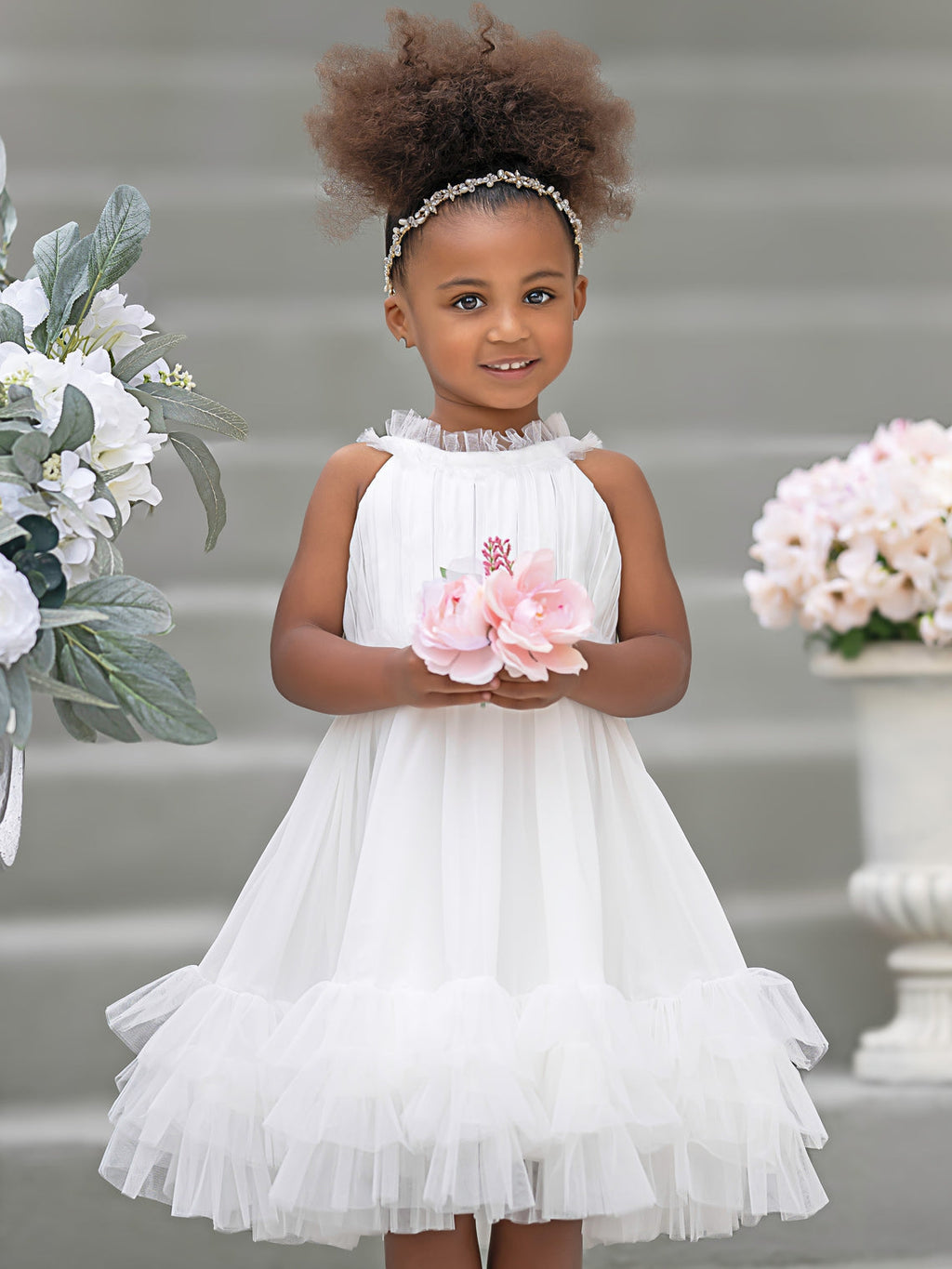 Vestido de niña de las flores color marfil hasta la rodilla, de tul y gasa 