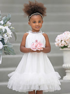 Vestido de niña de las flores color marfil hasta la rodilla, de tul y gasa 
