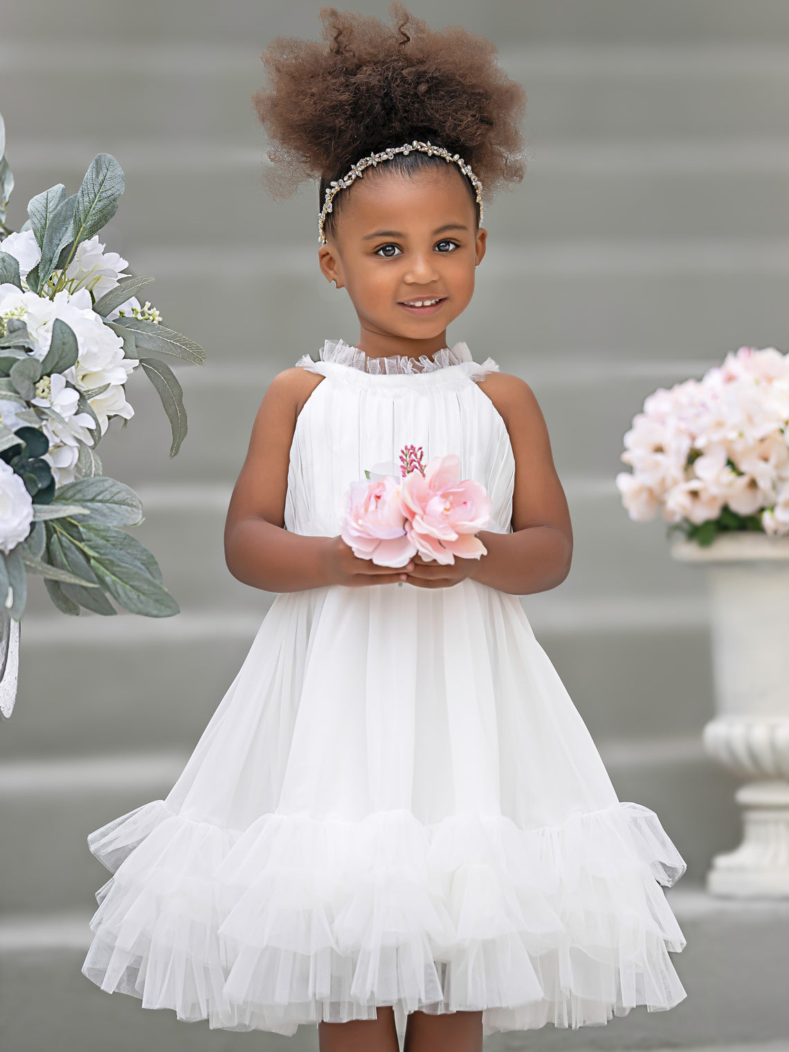 Vestido de niña de las flores color marfil hasta la rodilla, de tul y gasa 