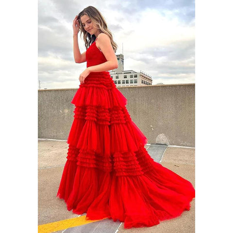 Vestido largo de fiesta de bienvenida con escote en V, tirantes finos y tul fruncido, corte A 