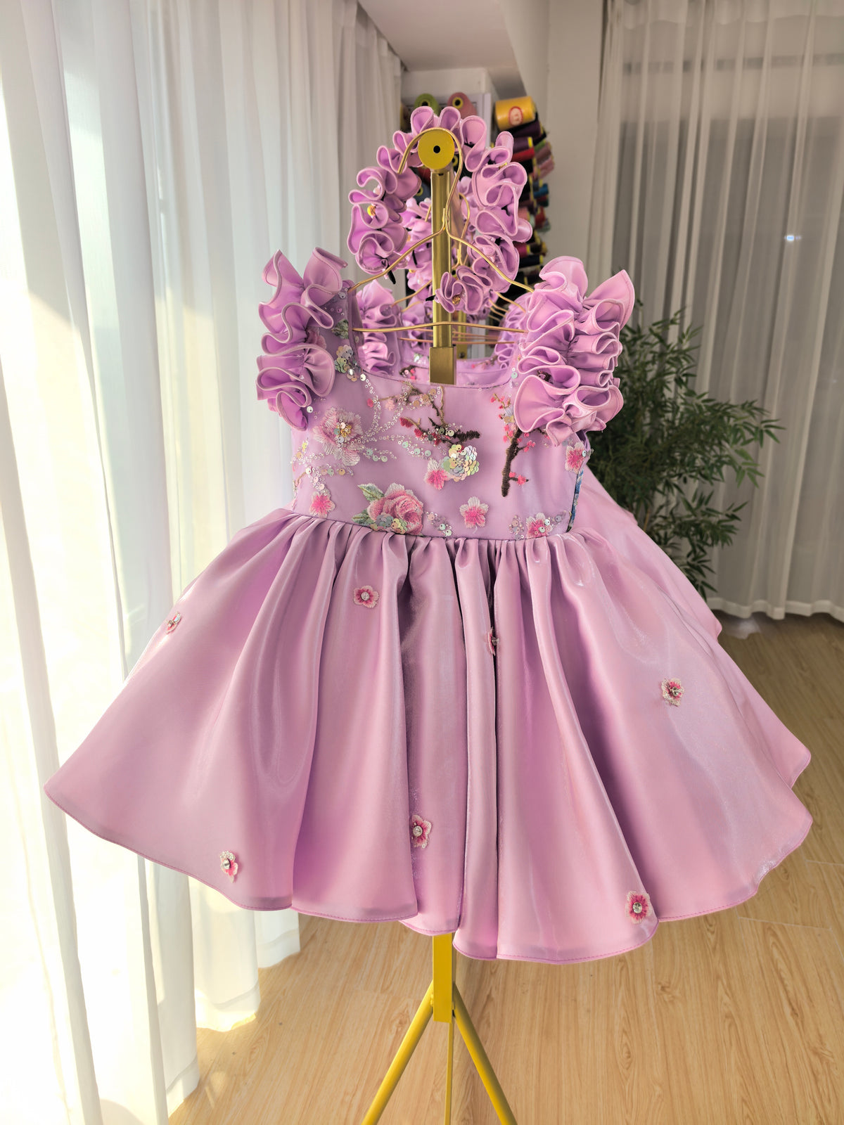 Floral Embroidery Sequins Tulle Knee-length Pink Baby Girl Dress