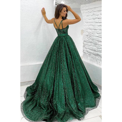 Robe de bal trapèze scintillante à bretelles spaghetti et poches 