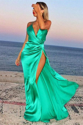Spaghetti Straps Sleeveless V-Neck Mermaid Prom Gown with Split