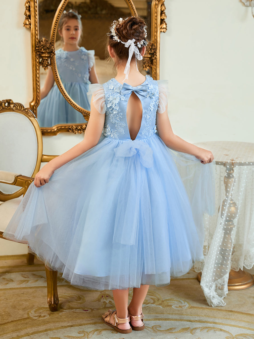 Vestido de baile/princesa de satén y tul azul hasta la rodilla (2003225970) 