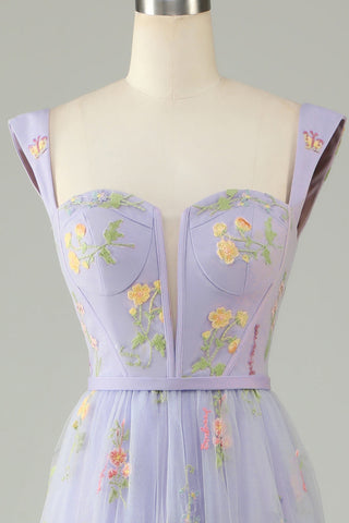 Princess A Line Sweetheart Champagne Long Prom Dress with Embroidery