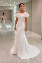 Glamorous Mermaid Off-The-Shoulder Satin Prom Dresses with Flowers
