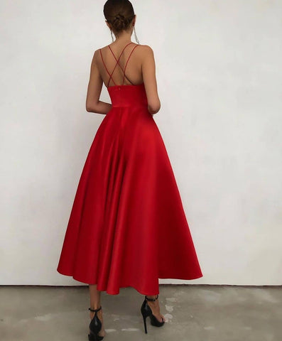 Robe de bal rouge à fines bretelles, robe de soirée sans manches