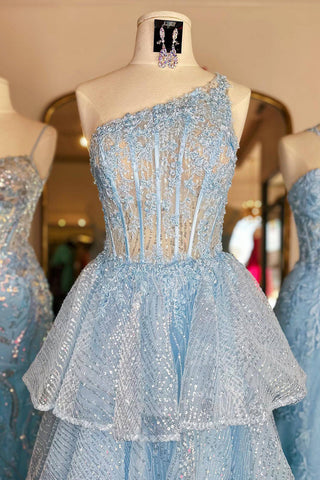 Robe de bal bleue à corset asymétrique et volants, coupe princesse, épaule dénudée