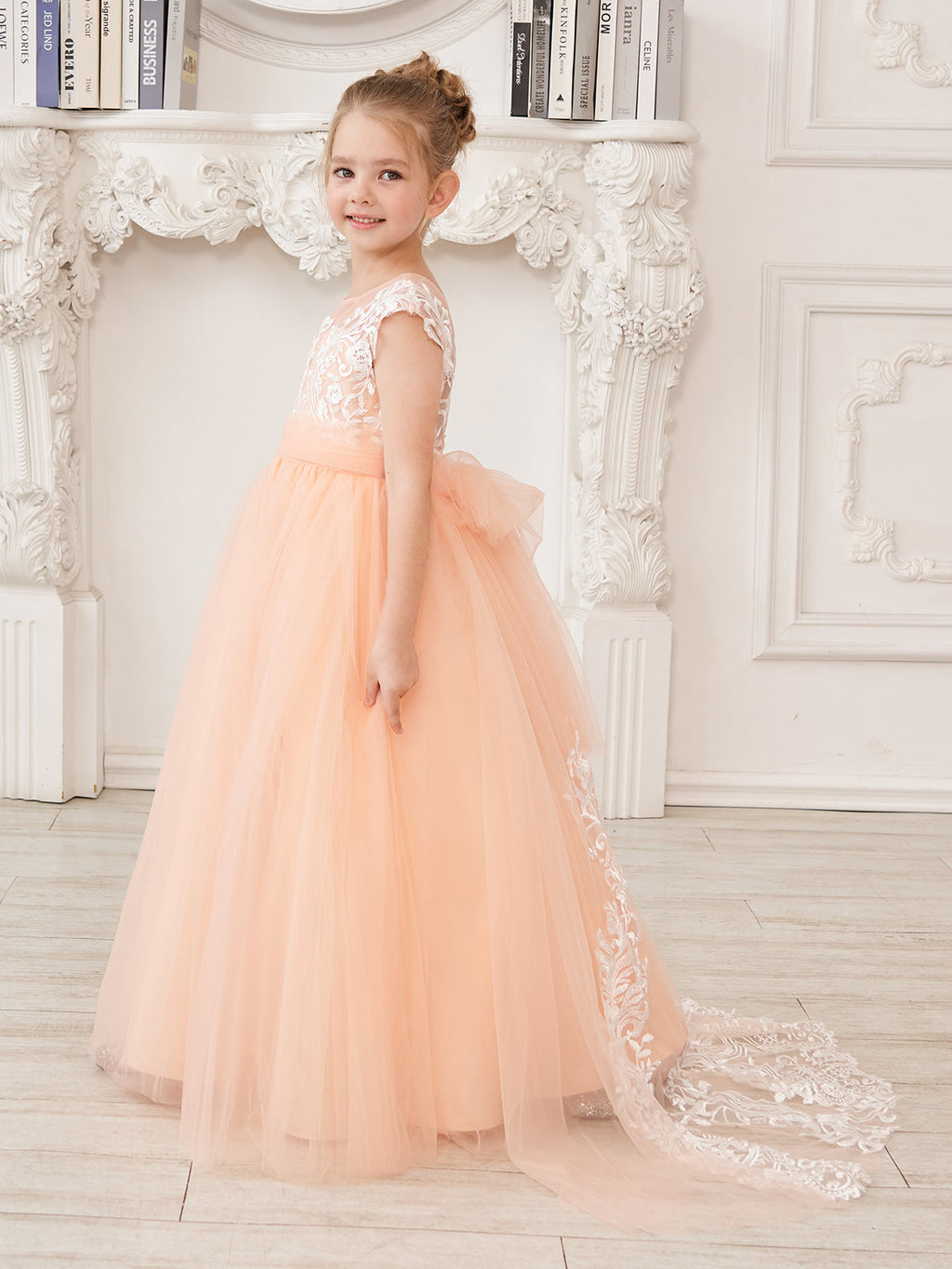Vestido rosa de niña de las flores, corte en A, encaje, tul y cola corta 