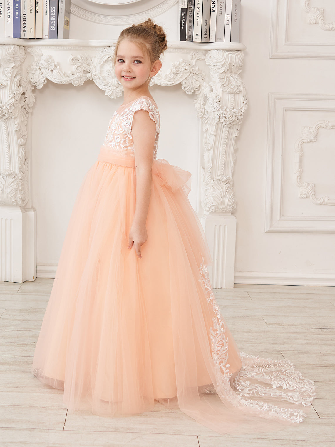Vestido rosa de niña de las flores, corte en A, encaje, tul y cola corta 