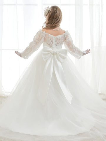 Vestido largo de tul y encaje color marfil, corte en A (2003227154) 