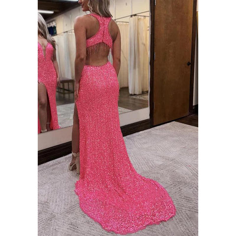 V-neck Illusion Empire Sleeveless Sequined with Side Slit Party Prom Evening Dress