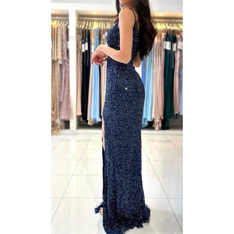 Robe de bal longue sirène à bretelles spaghetti et col en V et paillettes