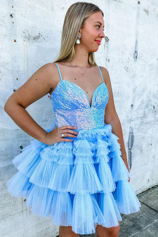 Trendy A Line Spaghetti Straps Blue Short Homecoming Dress with Ruffles