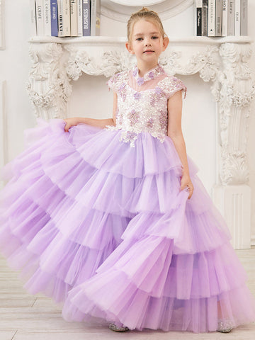 Vestido de princesa de tul lila con apliques florales y pedrería para niñas 