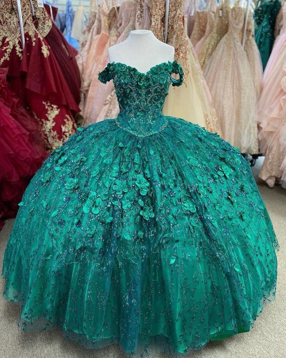 Vestido de quinceañera de baile con flores bordadas a mano en color verde esmeralda, vestido de hombros descubiertos con escote corazón Y293