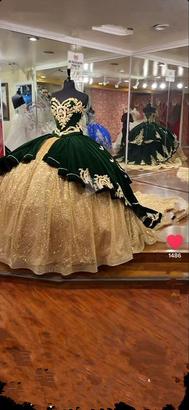 Vestido de quinceañera verde esmeralda y dorado, impresionante vestido de baile Y294