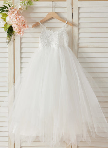 Ball-Gown/Princess Lace Tulle Floor-length White Dress (010145213)