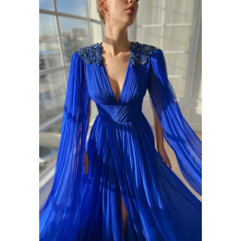 Robe de bal élégante et luxueuse, col en V, coupe trapèze, froncée, fente latérale, avec broderies