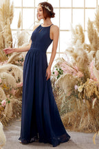 Vestido de dama de honor azul marino de gasa con cuello halter