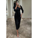 Vestido de noche formal con escote barco, mangas 3/4 y cuentas, corte tubo/columna 