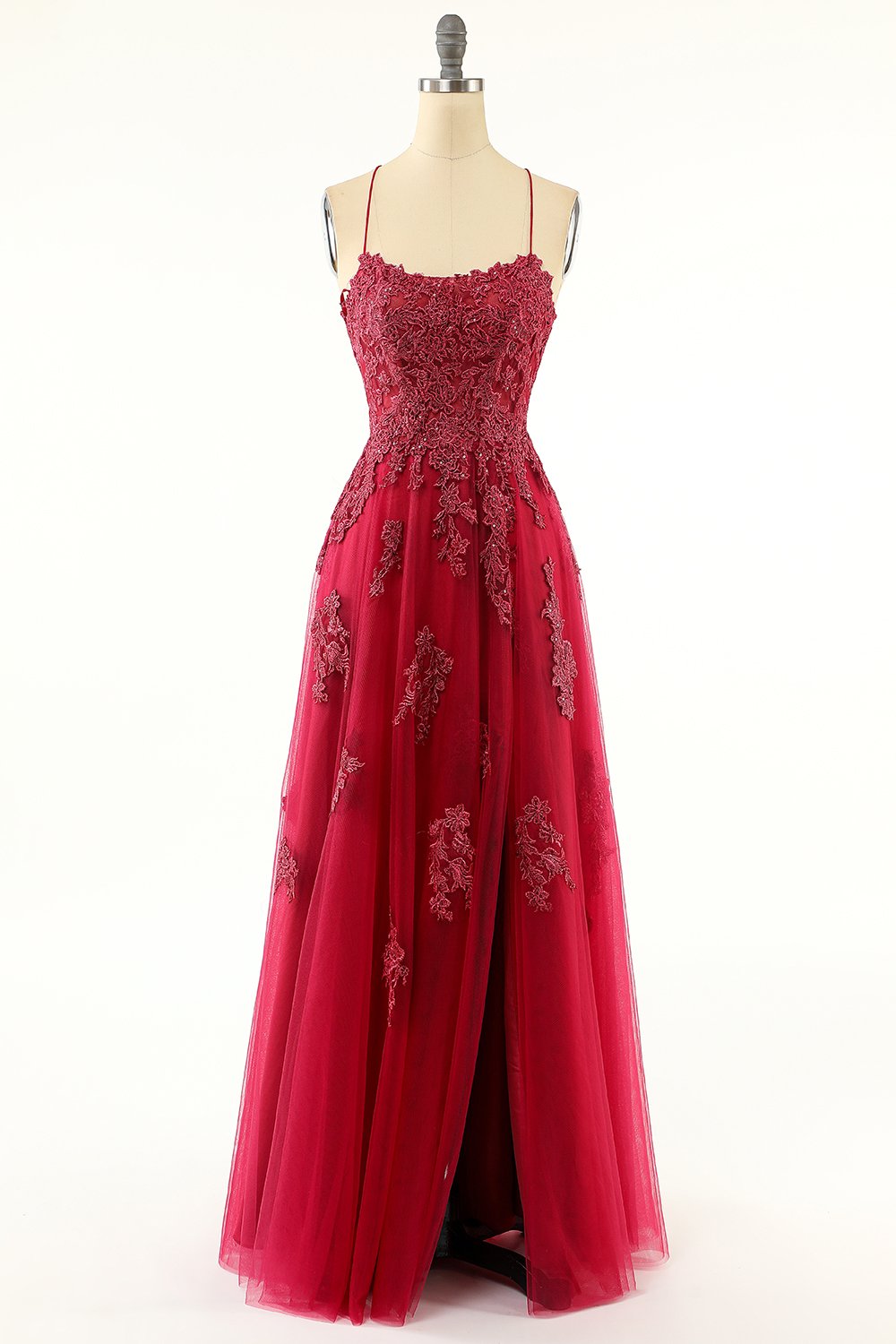 Robe de bal longue en tulle lavande avec dentelle
