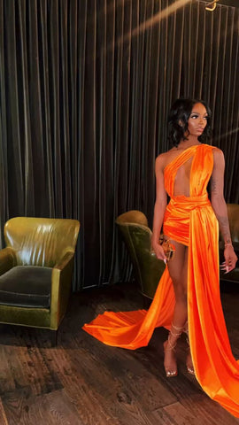 Robe de soirée sexy orange sans manches en satin, tenue pour un 21e anniversaire, robe de soirée sexy Y782