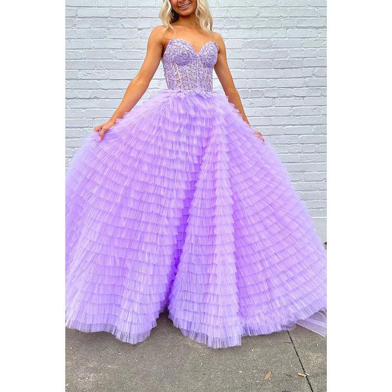 Vestido de noche de fiesta de graduación con escote en forma de A, de tul, sin tirantes y apliques con abertura lateral 