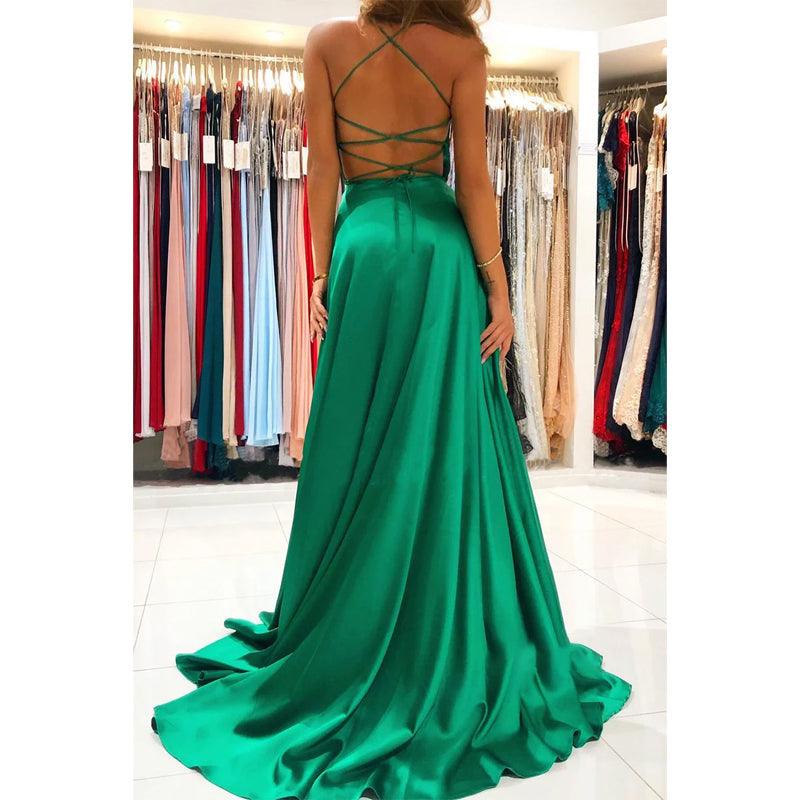 Plunging V-neck Green Blue Elastic Satin Formal Dress with Slit