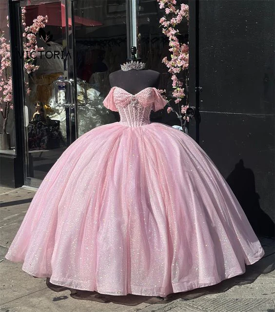 Vestido de quinceañera de tul rosa con hombros descubiertos y lentejuelas, modelo Y7462
