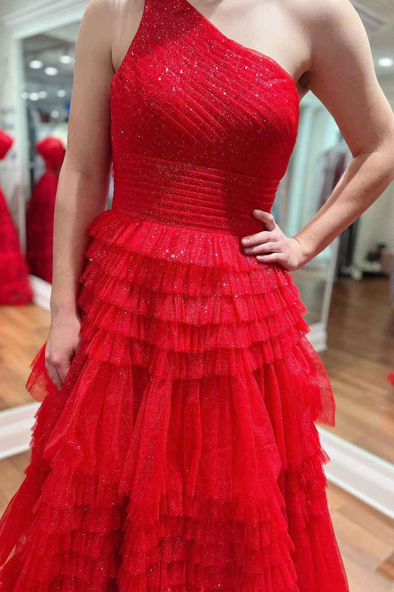 Robe de bal longue trapèze en tulle à volants asymétrique à une épaule