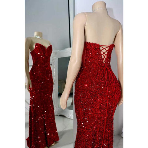 Robe de soirée sexy à paillettes, décolleté trompette, sans bretelles, pour femmes noires 