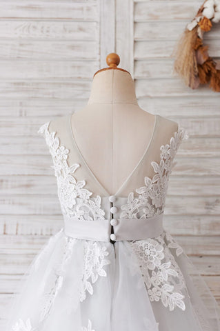 Vestido morado de tul y encaje hasta la rodilla (2003227696) 