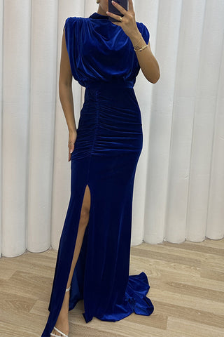 Vestidos de noche elegantes de celebridades, lisos, con abertura asimétrica y cuello redondo. 