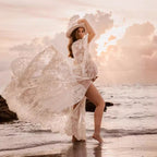 Vestido premamá blanco de encaje de manga corta, vestido premamá de noche con escote en V