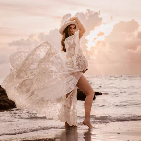 Vestido premamá blanco de encaje de manga corta, vestido premamá de noche con escote en V