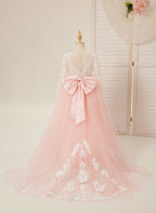 Vestidos de niña de las flores de corte A, manga larga, encaje y tul, color rosa (2003227575) 