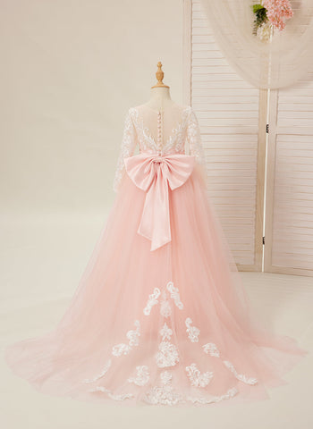 Vestidos de niña de las flores de corte A, manga larga, encaje y tul, color rosa (2003227575) 