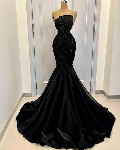 Robe de bal longue noire sirène élégante, robe de soirée noire bustier Y465
