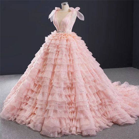Robe de bal rose poudré scintillante pour quinceañera, robe à volants superposés pour Sweet 16, robe de bal rose poudré Y476