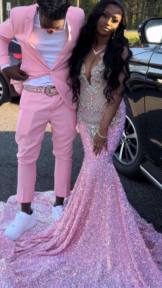 Vestidos de graduación rosas, vestidos de graduación con escote en V profundo, vestidos de graduación brillantes, vestidos de noche, vestidos de noche de sirena Y467