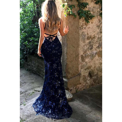 Robe de soirée longue fourreau en satin à paillettes et col en V