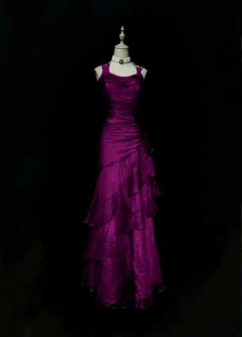 Elegante vestido de noche largo de corte A con capas Y7776