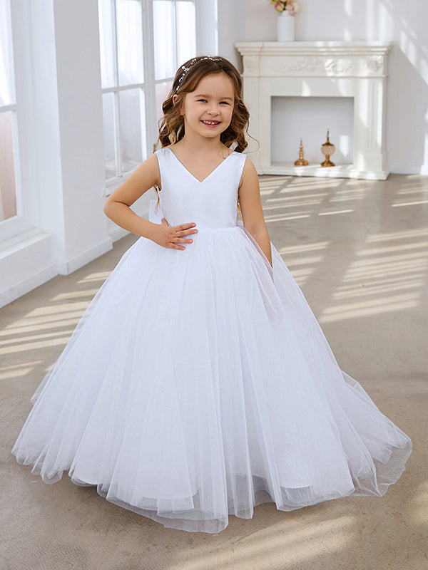 Vestido clásico blanco de corte A sin mangas para niña de las flores, de satén y tul 