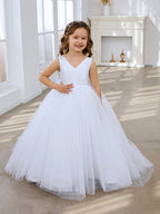 Vestido clásico blanco de corte A sin mangas para niña de las flores, de satén y tul 
