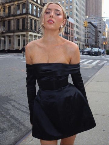 Vestido corto sexy con hombros descubiertos TARUXY para mujer, de talle alto, manga larga, abertura, corte en A, ideal para fiestas y eventos elegantes. 