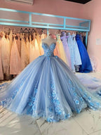 Vestido de quinceañera azul celeste con escote corazón y apliques, vestido de gala para dulces 16 años Y1872